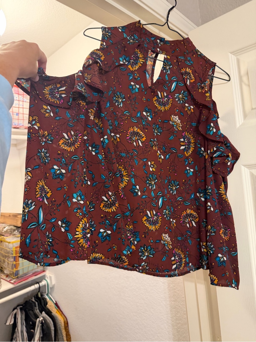 meraki Rust Floral Ruffle Cold-Shoulder Top with Teal and Mustard Accents